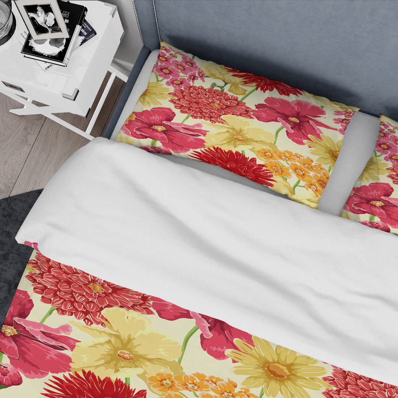 Ensemble de housse de couette designart fleurs, Housse simple + 1 taie décorative