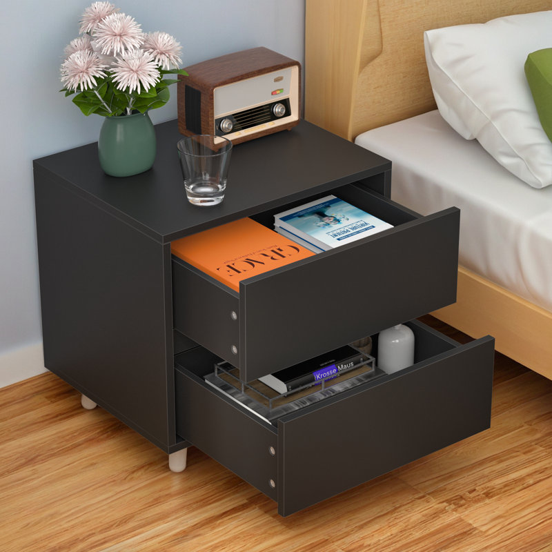Modern Wood Two Drawer Nightstand,Vintage Bedside Table, Black, Individual