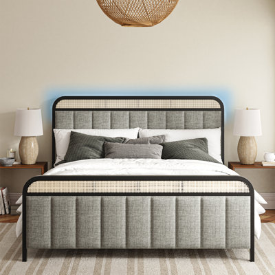 Aracellie Upholstered Solid Wood Platform Bed with Rattan Headboard Lighting