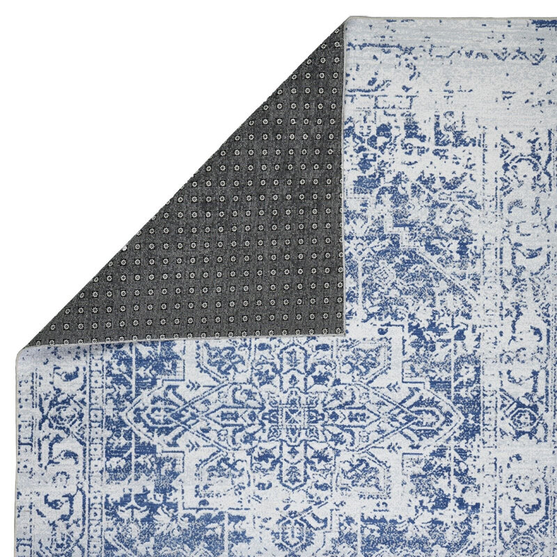 Tapis lavable à la machine avec envers antidérapant à motif floral moderne abstrait bleu marine et crème
