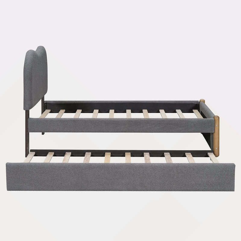 Lit plateforme tapissier avec pieds et gigogne en bois, Gris, Lit simple