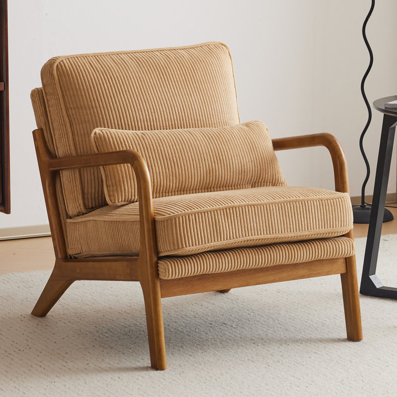 Lemley Mid Century Solid Wood Accent Chair Upholstered Armchair with an Extra Pillow, Khaki Corduroy