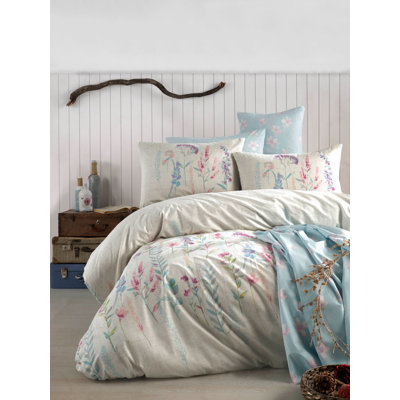 Ensemble de housse de couette 100% coton crème / bleu / rose Kameron