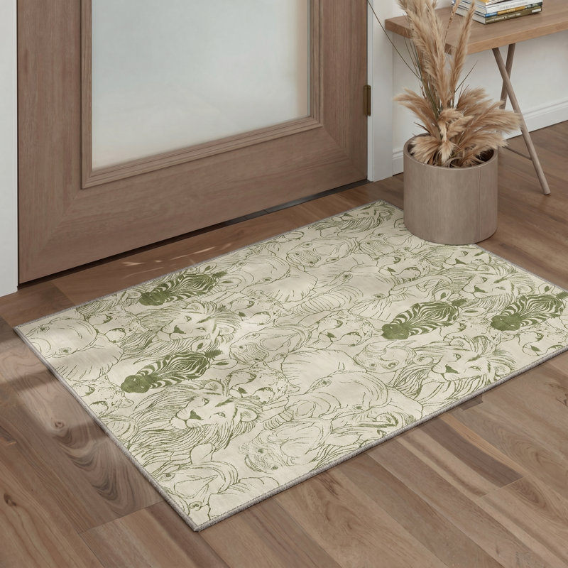 Safari Silk Animal Print Machine Washable Green / Beige Indoor Area Rug with Non-Slip Backing, Rectangle 8' x 10'