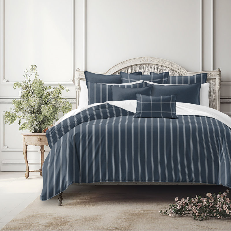 Shay Broad Ticking Stripe Dark Denim Cotton Coverlet Set  8 Piece, King Coverlet + 7 Additional Pieces