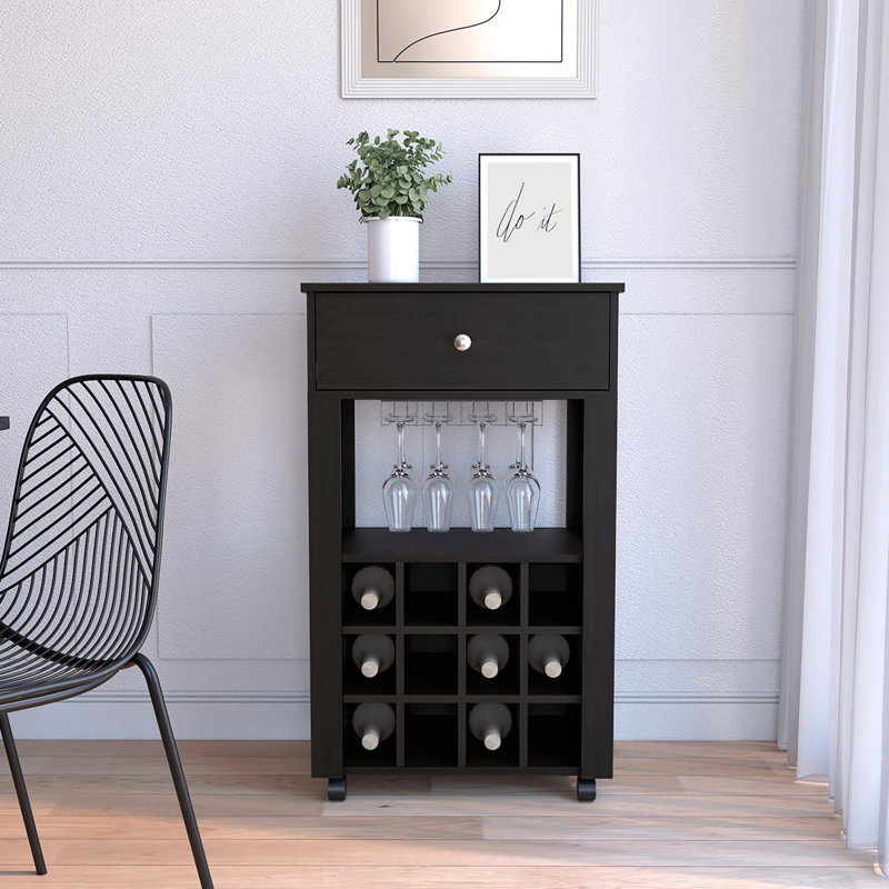 Bar-Chariot à café, rangement pour armoires de cuisine ou de salon, avec 12 porte-bouteilles, une tablette centrale avec 1 porte-gobelets, 1 tiroir
