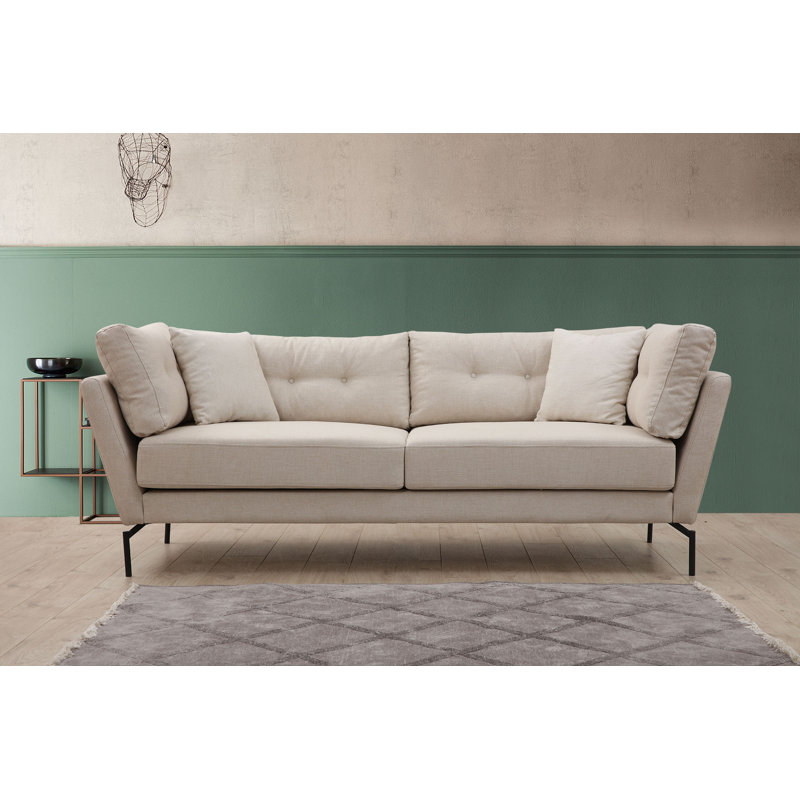 Élégant canapé 3 places crème, 84 x 35,4 x 33,1 pouces | Structure en bois de hêtre et en carton, tissu 100% polyester | Coussins en mousse et plumes gris doux, comprend 2 coussins (18 x 18 pouces) | Design scandinave moderne avec pieds en métal noir mat durable