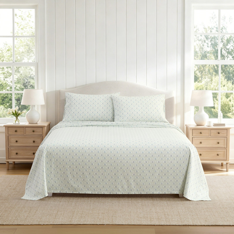 Ensemble de draps en coton percale Martha Stewart, Ensemble de draps pour lit simple avec 1 taie d'or, Costa Blue
