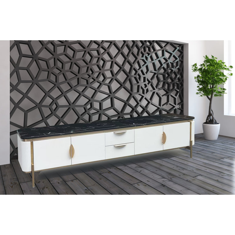 Scarlett Marble Top Glossy With Drawer Tv Stand In Black/white 