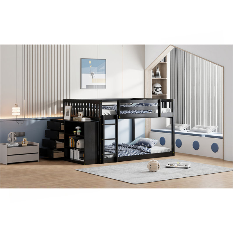 Lit superposé double avec 4 tiroirs et 3 tablettes espresso, Espresso