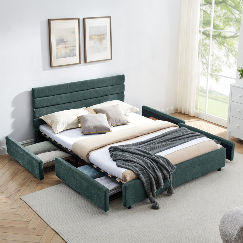 Queen Size Upholstered Bed Frame, Blue/Green