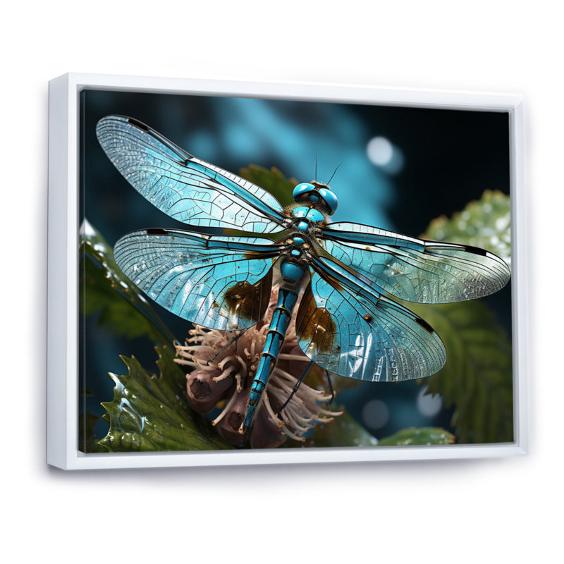 «Teal Dragonfly Airborne Jewel», reproduction d'art sur toile, H 12 po x l 20 po, Cadre flottant blanc