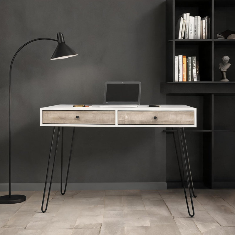 Bureau d'ordinateur beige de 47 pouces avec tiroirs, panneau de fibres à densité moyenne rectangulaire et poste de travail en métal