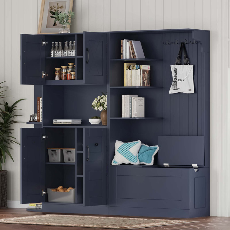 Armoire de vestibule multifonctionnelle gauche-droite avec rangement et 4 crochets, armoire de rangement / arbre d'entrée 2 en 1