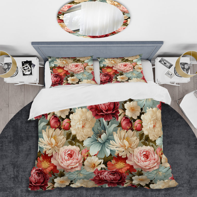 Pastel Pink And Beige Garden Floral Pattern III - Ensemble de housse de couette à motif floral