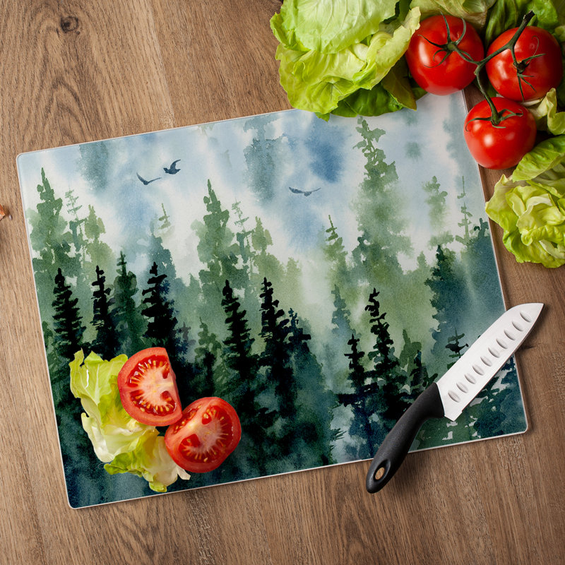 Tree Line Green and Blue Tempered Glass Rectangular Cutting Board