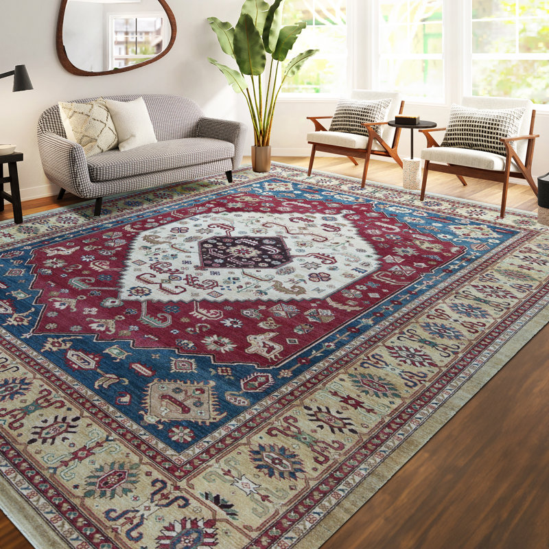 Tapis bleu, rouge et beige noué à la main de haute qualité