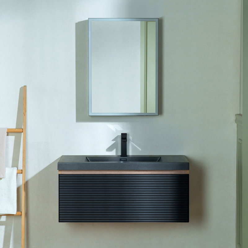 Meuble-lavabo flottant mural 36 po avec plateau en pierre frittée noire de qualité supérieure WOODBRIDGE, 36"