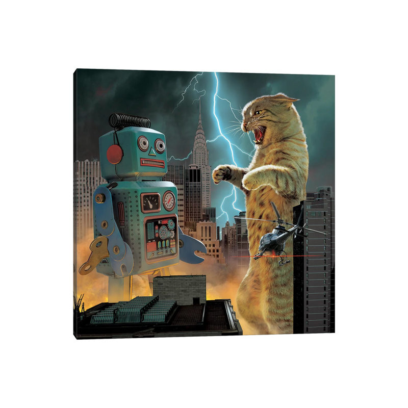 " Catzilla Vs Robot " by Vincent Hie, 12" H x 12" W x 1.5" D, Wrapped Canvas