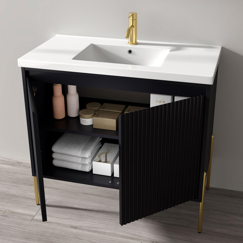 Ladaryl 35.9'' Single Bathroom Vanity with Ceramic Top, Charcoal, Gold