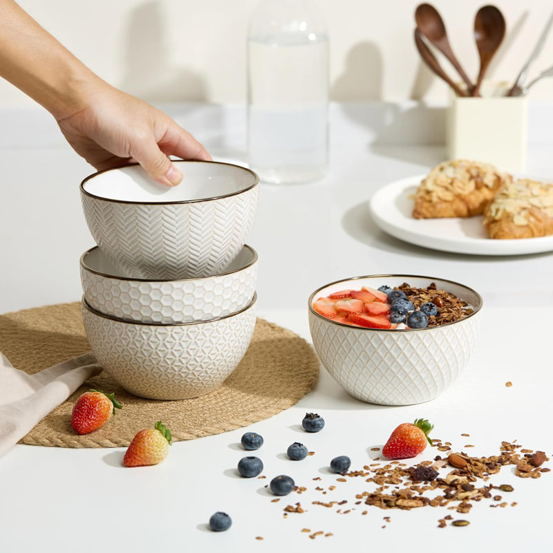 Ensemble de 4 bols à soupe en céramique, allant au micro-ondes et au lave-vaisselle, en relief avec motif géométrique, idéal pour la soupe, les céréales, le poke et plus encore, en grès cérame durable