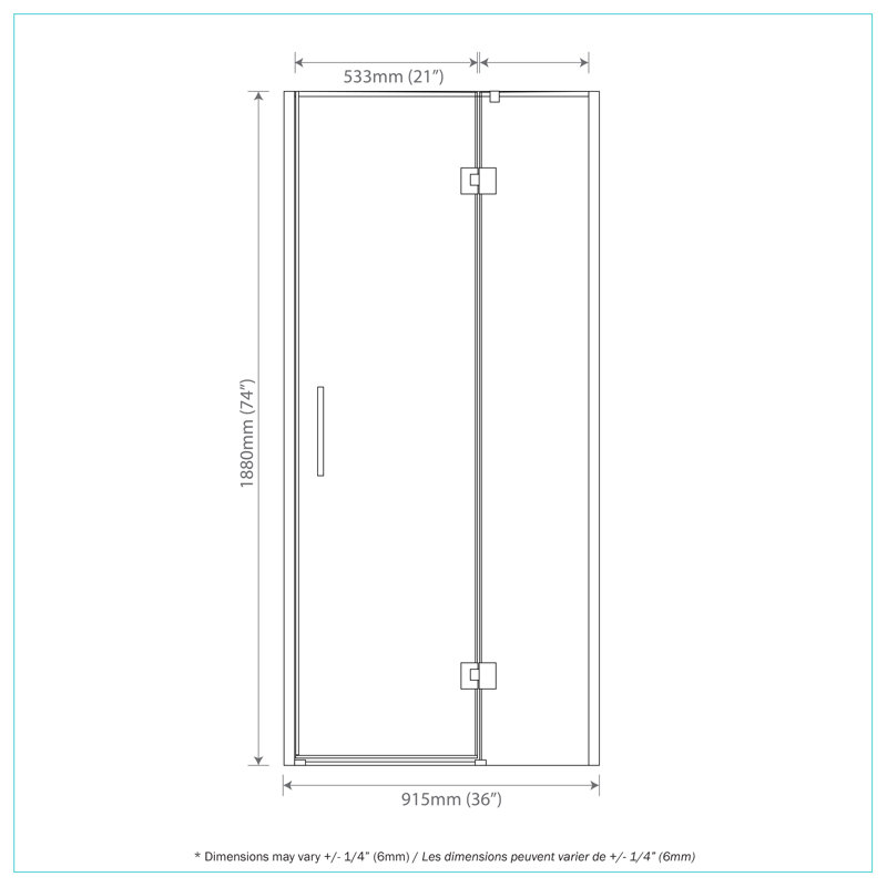 Porte de douche l 36 po x H 74 po, Chrome