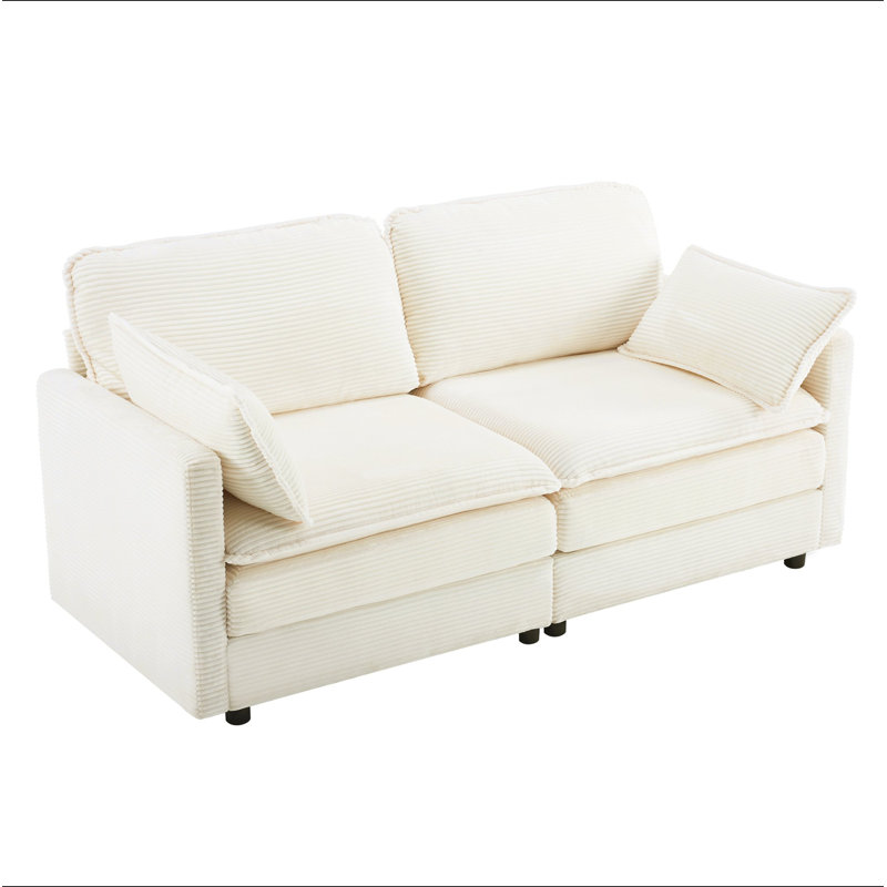 Canapé modulaire 2 places 69 po avec coussins en chenille de 22 po beige + 2 coussins décoratifs - taille compacte pour appartement, salon, chambre à coucher