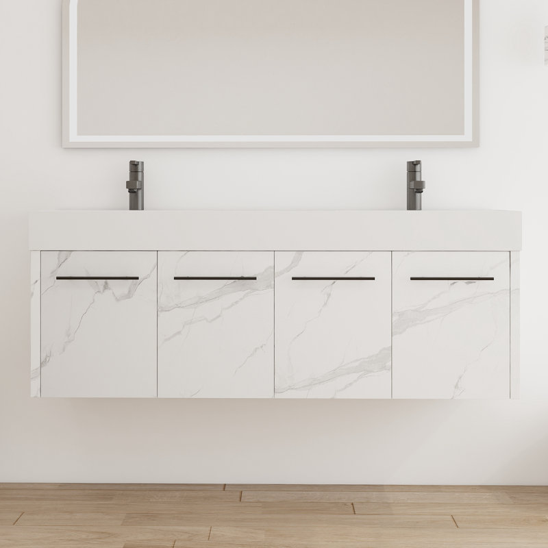 60" Bathroom Vanity with Sink, 60 Inch Floating Vanity, Double Sink Wall Mounted Vanity Combo, Modern Bathroom Vanity Set with 4 Doors and Resin Basin Sink