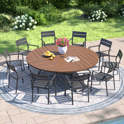 Ensemble de salle à manger de patio avec très grande table ronde 63 po et 10 chaises empilables en métal