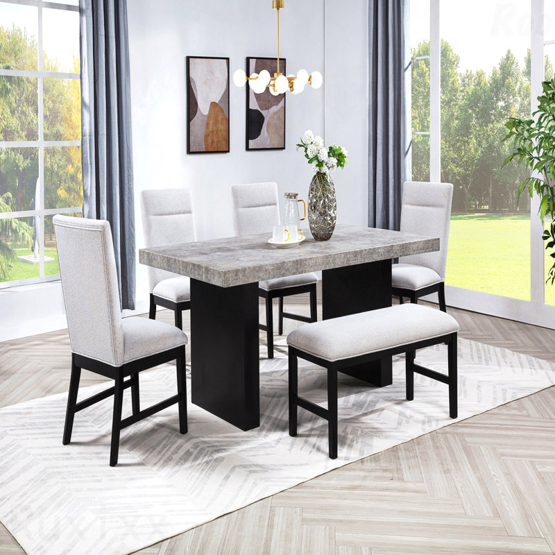 1-Piece Wooden Bench - Upholstered Soft Neutral Tone Seat, Dark Finish Legs