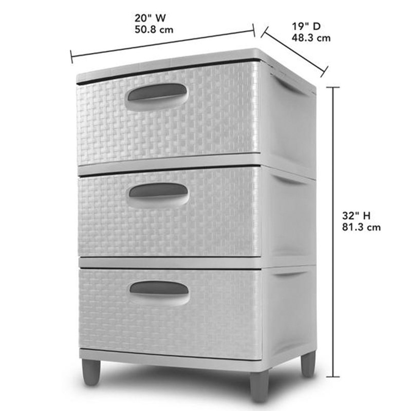 Tour de rangement en plastique 3 tiroirs Sterilite, ciment, paquet de 3