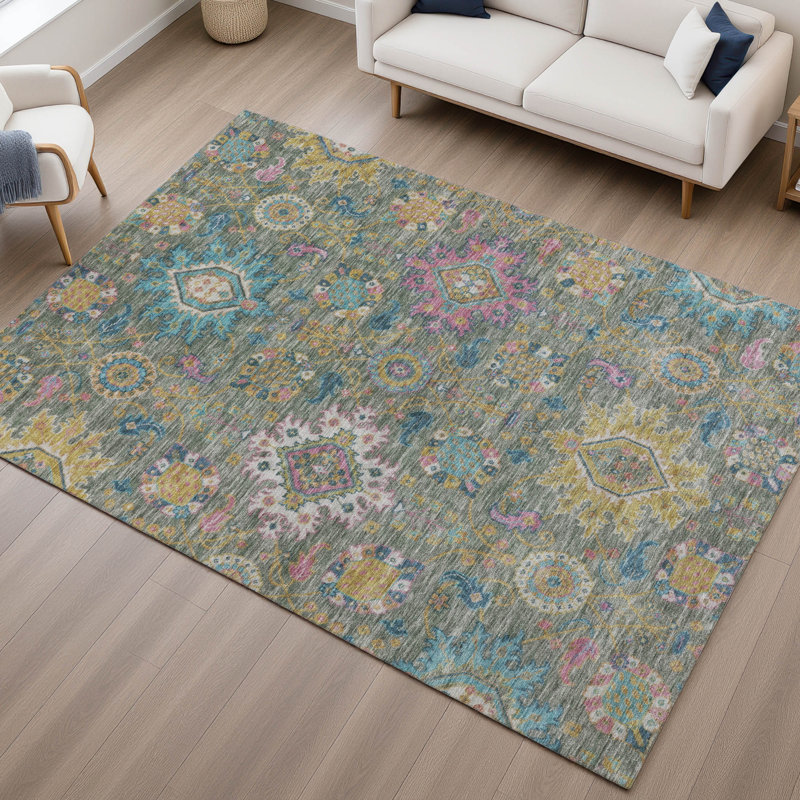 Premium Machine Washable Mayfield AMF2151 medallions Rug, Rectangle 8' x 10', Aloe