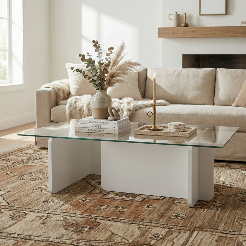 Rectangle Tempered Glass Coffee Table, 11.8" H x 41.3" L x 25.6" W, Wooden White