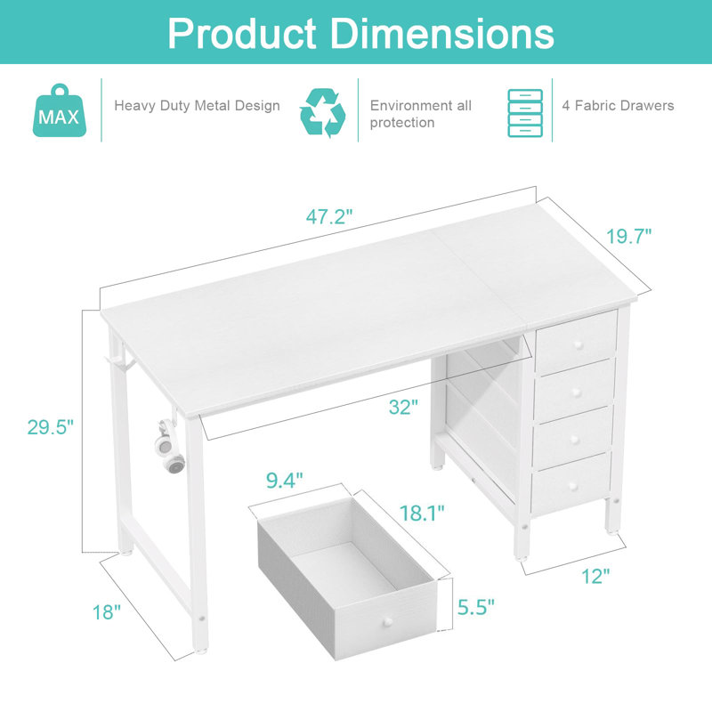 Computer Desk With Fabric Drawers, 47" Reversible Study And Work Desk, White
