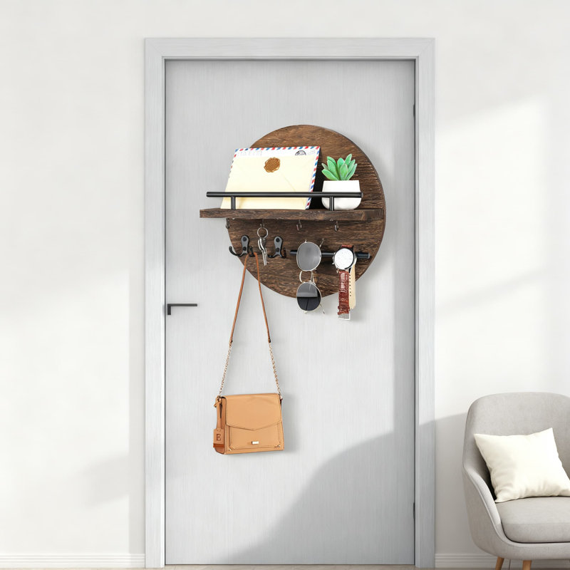 Porte-clés mural avec tablette à courrier et crochets, organisateur de vestibule circulaire avec tablette flottante et crochets en métal pour les clés, le courrier et le rangement de l'entrée