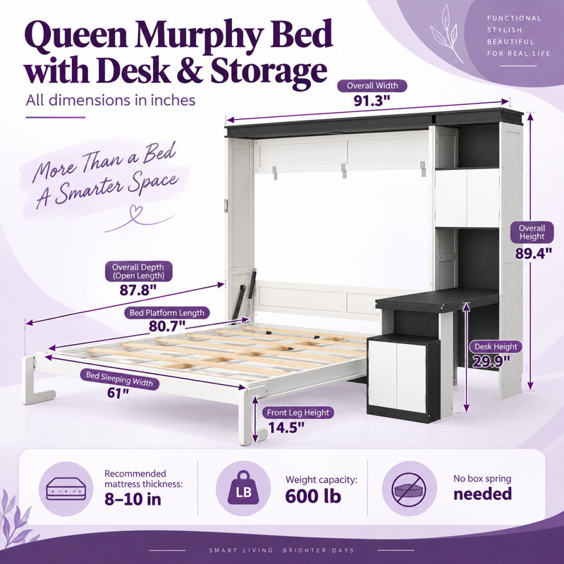 Lit escamotable Deskelyn Queen Size avec bureau intégré, étagères et placards de rangement réversibles, lit mural pliable blanc gain de place, cadre en bois massif et MDF, sommier à lattes en pin