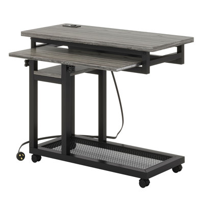 28"-39.3" Height Adjustable Portable Desk With Power Outlet & Usb Ports, Rolling C-Shaped Side Table With Keyboard Tray