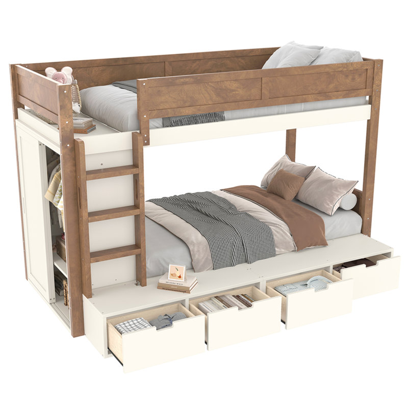 Lit superposé simple au dessus d'un lit simple / simple TG au dessus d'un lit double avec 4 tiroirs de rangement, lit superposé en bois massif avec garde-robe intégrée et garde-corps pleine longueur, sans sommier, beige et naturel