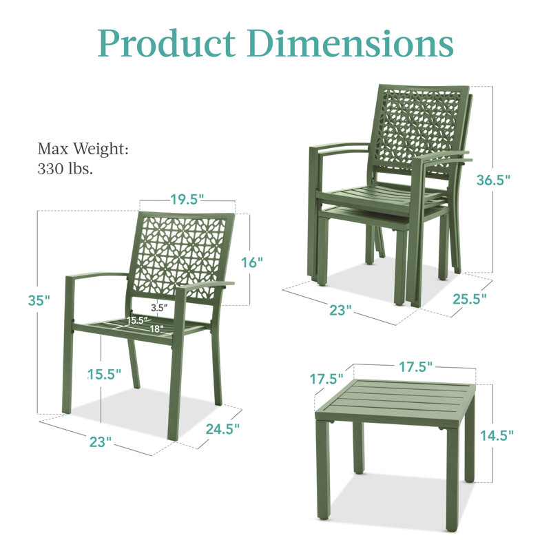  3-Piece Stackable Patio Bistro Set, Outdoor Chat Furniture W/ 2 Chairs, Table - Sage Green, Green