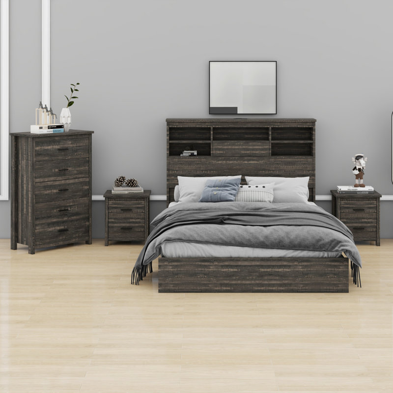 Ensemble de chambre à coucher 4 pièces, ensemble de lit avec tête de lit avec station de charge, 2 tables de chevet et commode