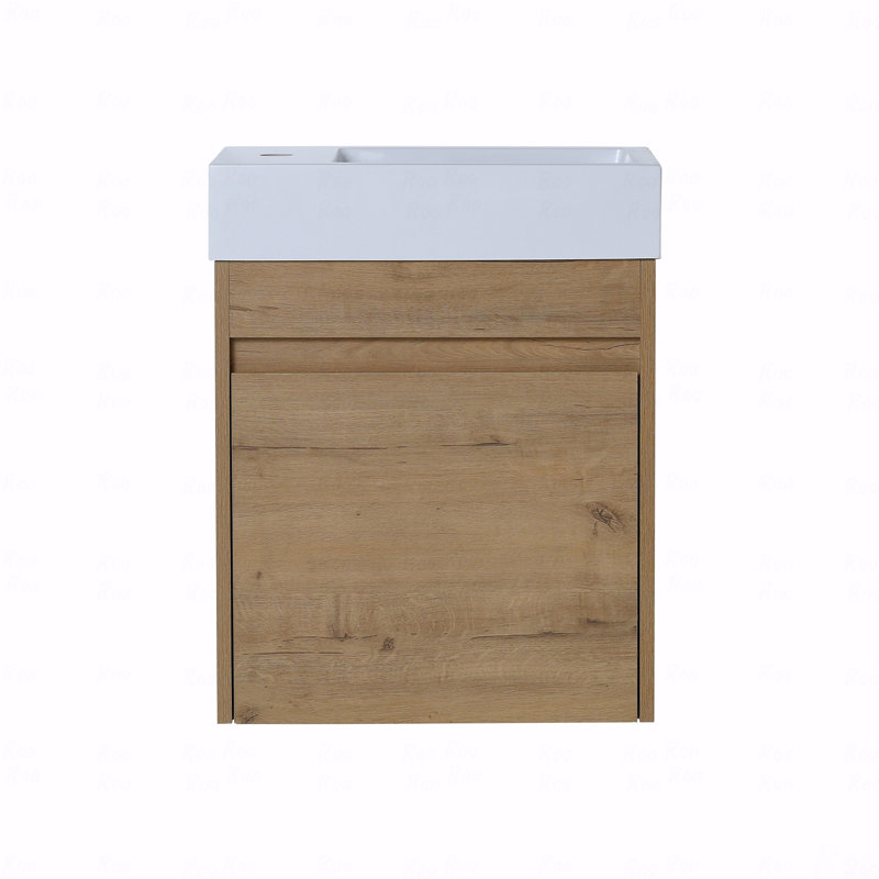 Meuble-lavabo flottant mural avec lavabo en résine blanche et porte d'armoire à fermeture en douceur, Brun
