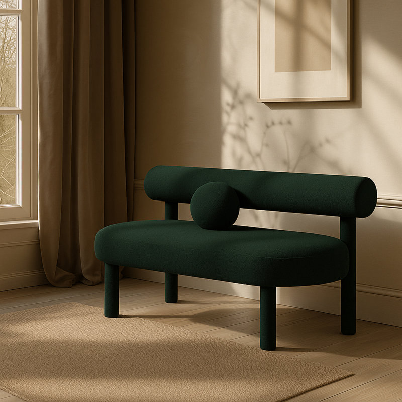 Boucle Upholstered Bench, Green Boucle Fabric
