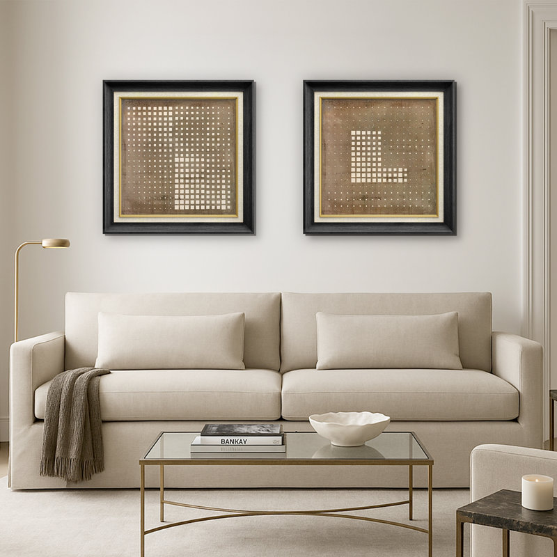 "Brown Grid and Pixel Motif Abstract Art Rustic Minimalist" 2 - Pièces, H 26 po x l 26 po, Black Gallery Frame