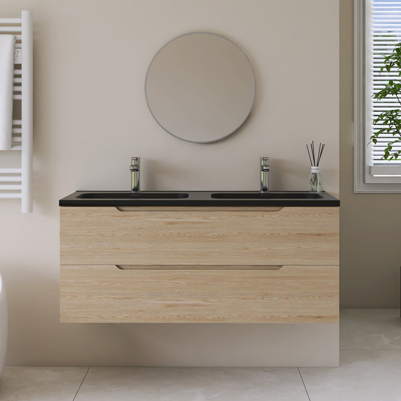 Meuble-lavabo double mural avec plateau en sable noir intégré
