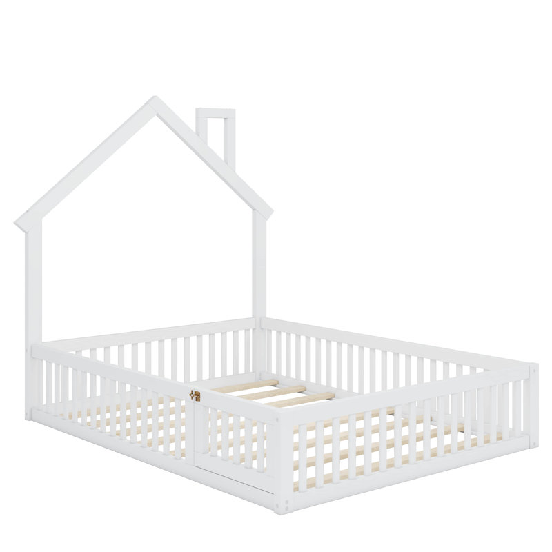 Wood Full Size House Platform Bed With Guardrail, White