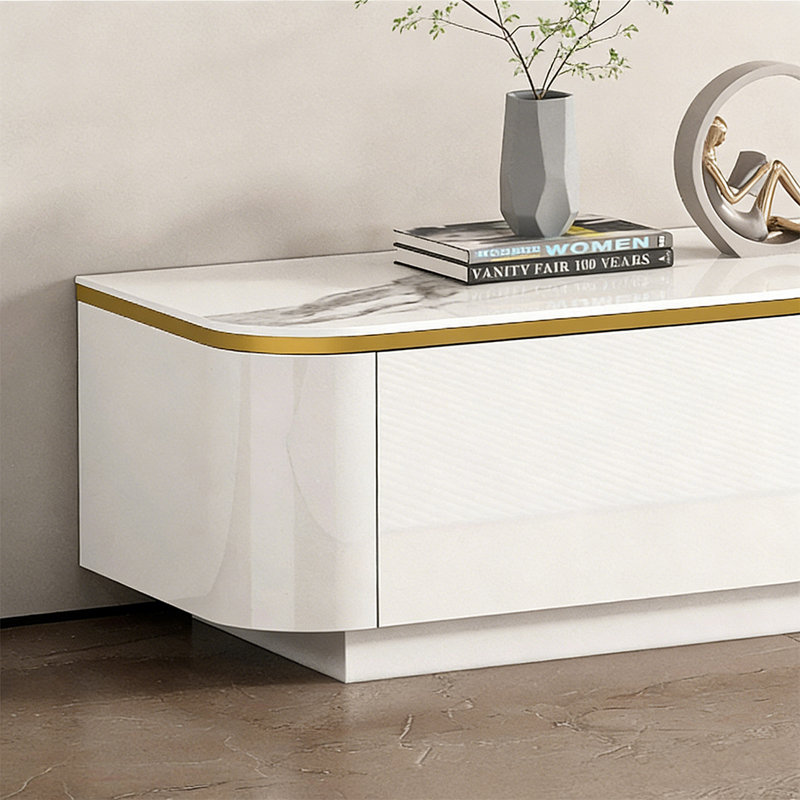 Meuble télé simple et moderne, H 13,38 po x L 63 po x l 13,77 po, Doré / Blanc