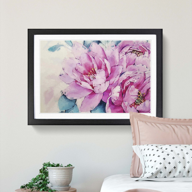 Watercolour Pink Peonies in Abstract - Picture Frame Painting Print, Black, 50cm H x 76cm W x 2cm D