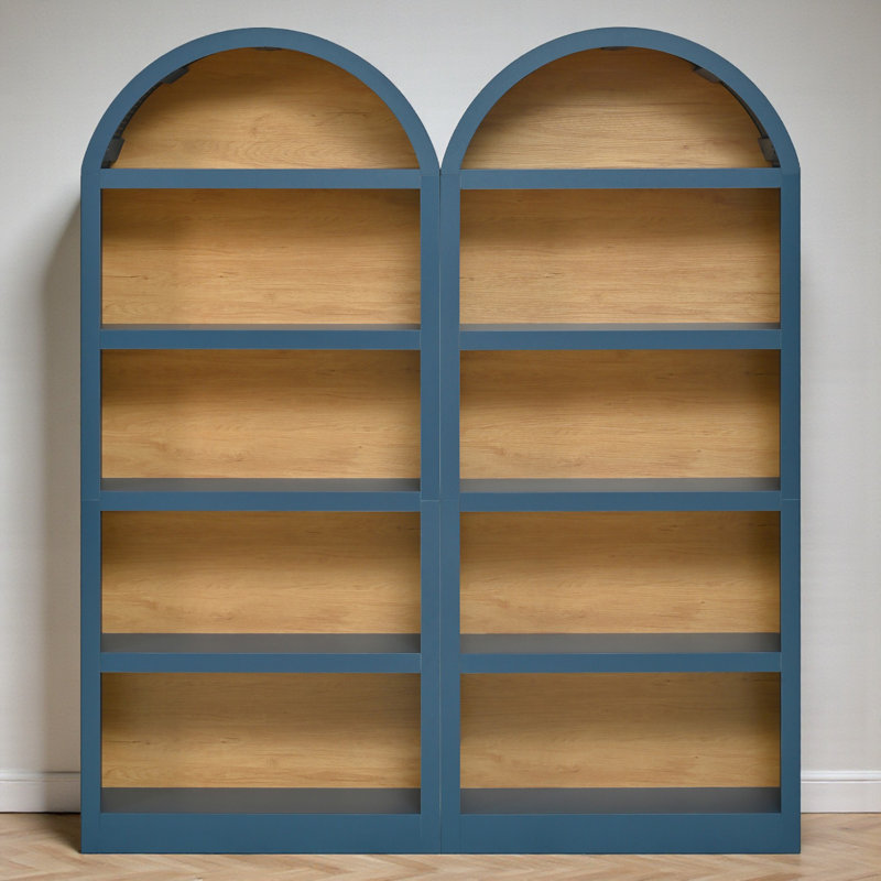 Freestanding 5 Tier Bookcase Set Of 2, Open Storage Display, Arched Top Design, Modern Farmhouse, Living Room, Blue