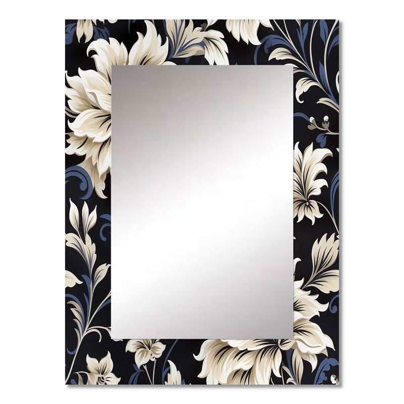 Berlanga Dark Blue Beige Flower Damask Breeze - damask  Unique Wall Mirror, Boho Mirror, Printed Metal Art, 32" x 24"