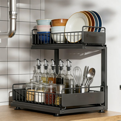 Under Sink Organizer, Height Adjustable 2-Tier, Multi-Purpose, Black For Kitchen And Bathroom